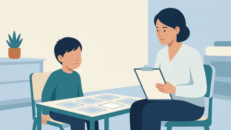 Child turning away from picture cards during a DTT session while an RBT sits calmly with a clipboard