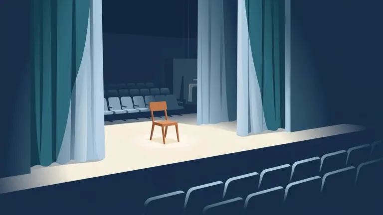Empty stage with a single chair under a spotlight, representing a mock exam as rehearsal for the real RBT exam