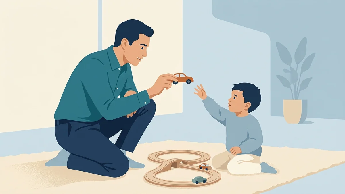 RBT holding a toy car at eye level so a child reaches and requests it during play