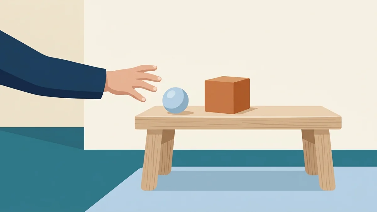 Child reaching toward a ball beside a block, illustrating a preference assessment