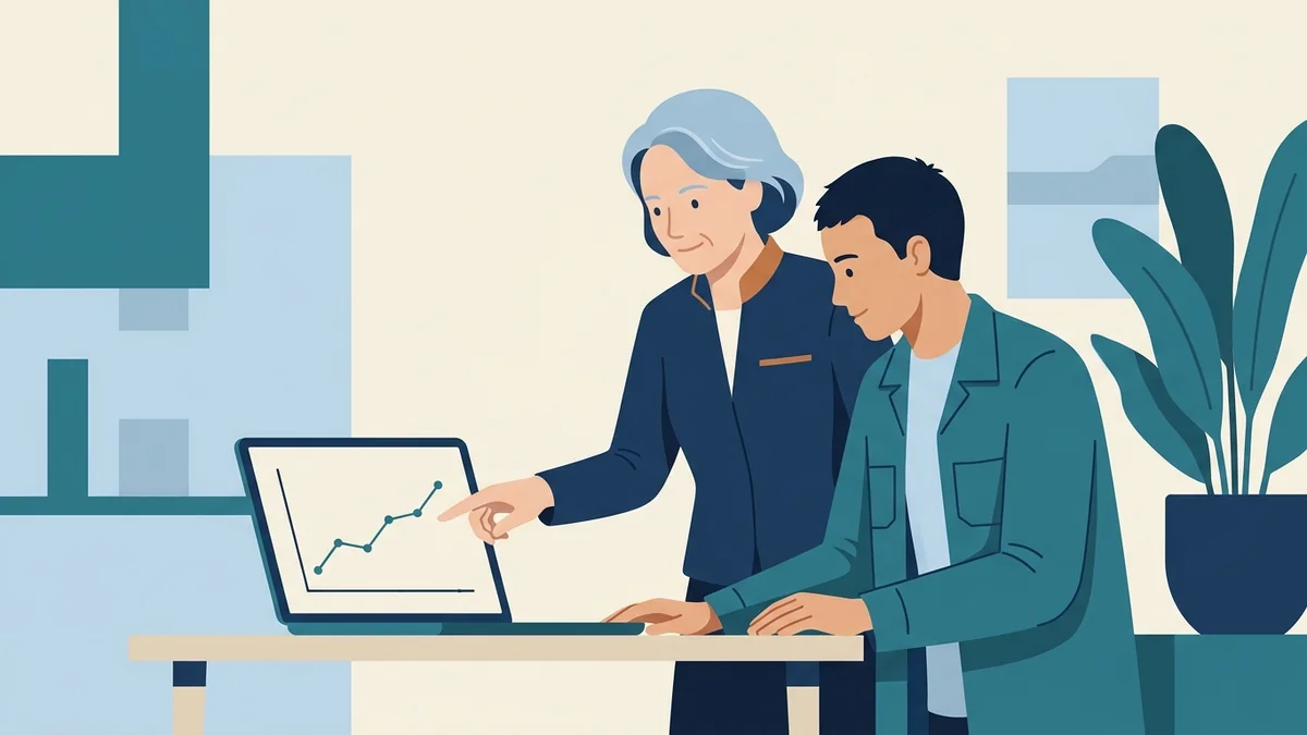 Supervisor pointing to an upward trend on a line graph while an RBT looks on