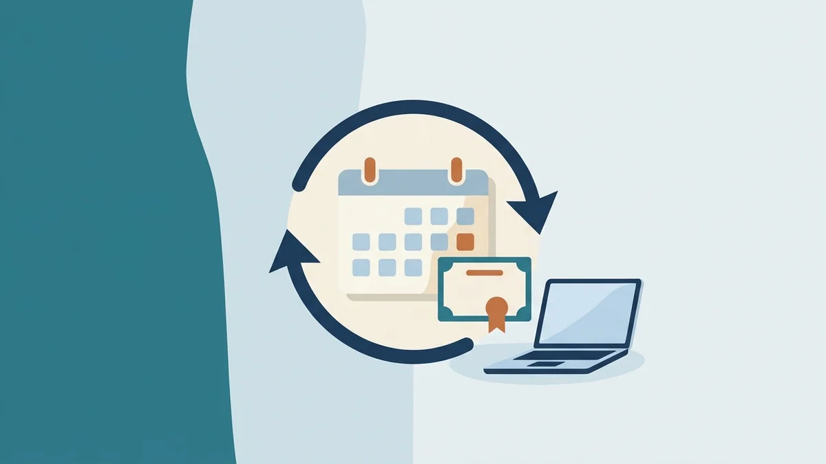 Circular arrows around a calendar and certificate, representing the RBT two-year recertification cycle
