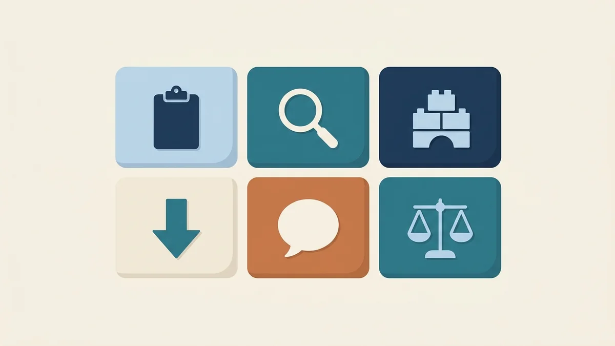 Six icons for the RBT exam content areas: data collection, assessment, acquisition, reduction, documentation and ethics