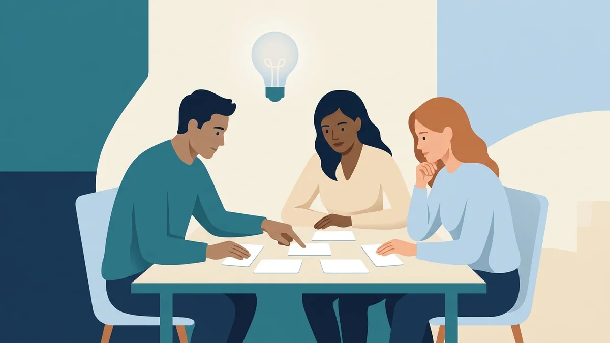 Three adults studying behavior functions together with flashcards