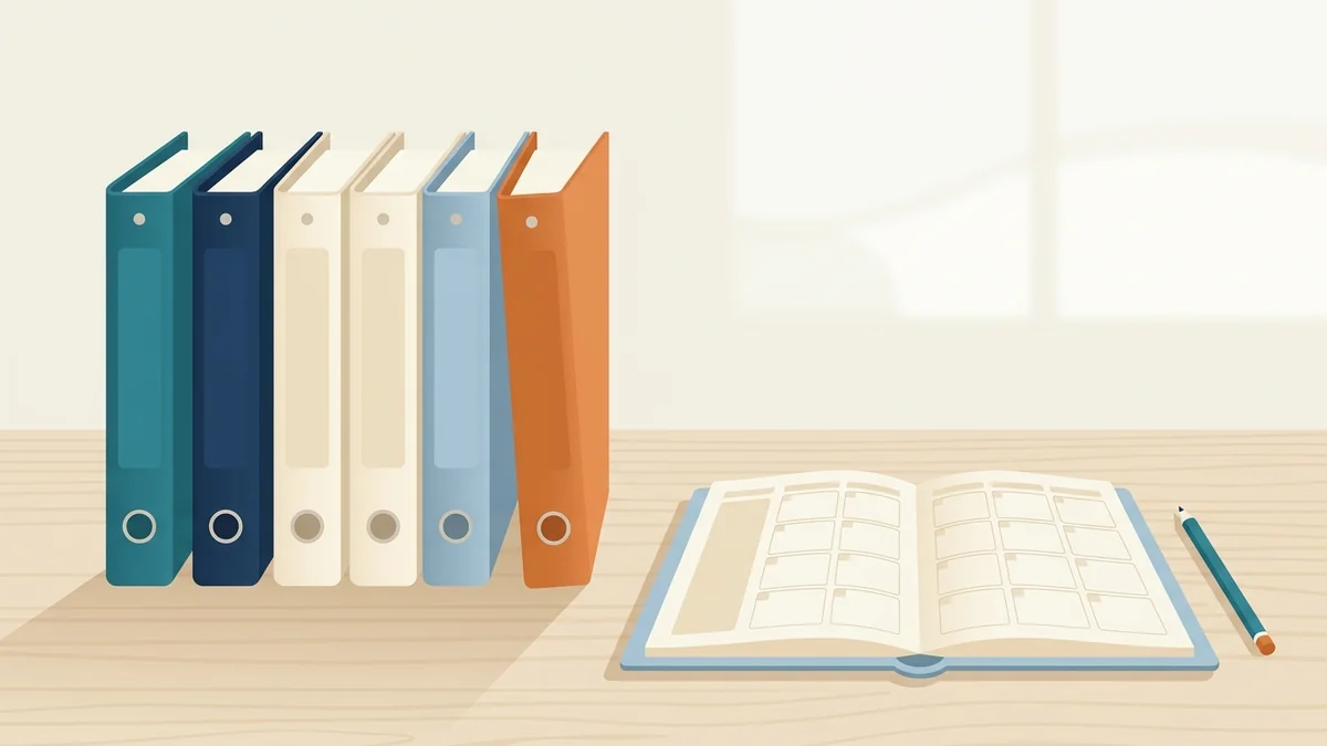 Six colored study binders beside a planner for an RBT exam study plan