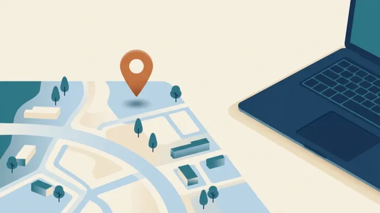 Map pin above a neighborhood map beside a laptop, representing finding RBT training near you