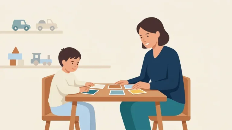 Adult and child working with picture cards at a low table, illustrating what an RBT does